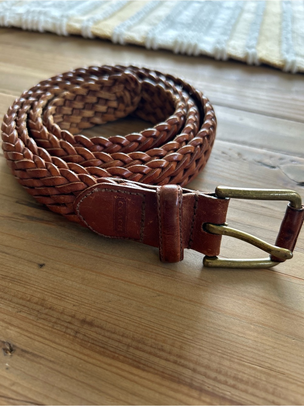 Coach Braided Leather Belt - Cognac Brown with Brass Buckle
